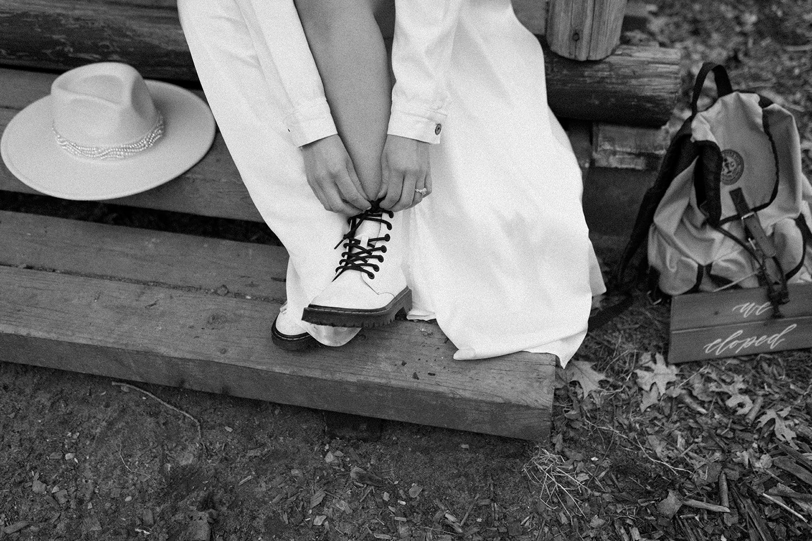 Bride wedding shoes and bridal hat in black and white | Bride style inspiration for adventure elopement